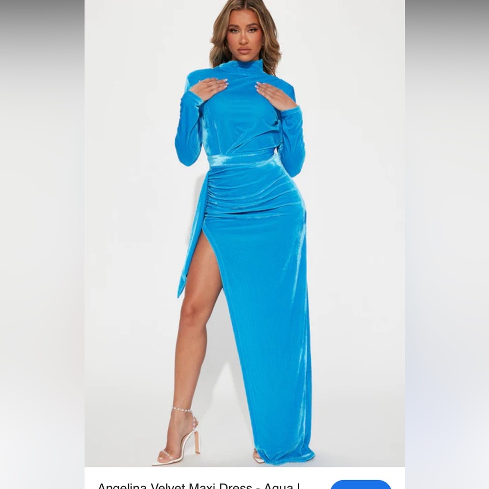 Fashion Nova Angelina Velvet Aqua Asymmetrical Maxi Dress XL NWT Stretchy